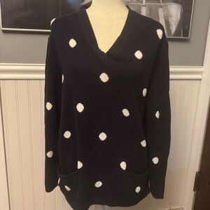 Jones New York Sport Vintage Navy Blue White Polka Dots Cotton Sweater Size L